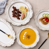 法式復古浮雕雙耳盤創意菜盤西餐盤魚盤家用水果盤點心盤陶瓷餐具