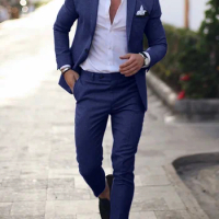Tesco Blue Formal Suits for Men Slim Fit 2 Piece Brides Wedding Suit Sets for Male Casual Elegant Pink Outfits for Business Men