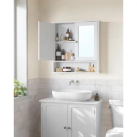 Bathroom cabinet, wall cabinet with 2 mirror doors, adjustable shelves, open compartments, bathroom cabinet