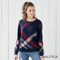 【NAUTICA】女裝英倫格紋長袖針織衣(深藍)