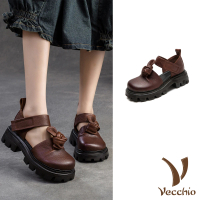 【Vecchio】真皮涼鞋 厚底涼鞋/真皮頭層牛皮個性單結設計小圓頭繫帶粗跟厚底涼鞋(棕)