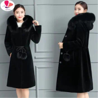Mink Fur Coat for Women Long Mink Down Waist Slimming Hoodie Imitation Fur Coat Winter New -size Thickening