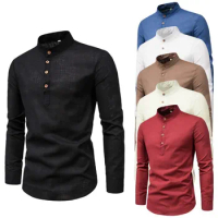 Men's Loose Shirt Solid color Male Casual standing Collar Long Sleeved Blouse Business Shirt 5 Colors Plus Size 4XL 5XL