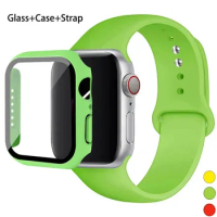 Glass+Case+Strap For Apple Watch band 44mm 40mm 41mm 45mm 42mm 38mm correa Sport Rubber bracelet iWatch series 9 8 7 SE 6 5 4 3