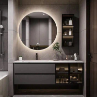Luxury Led Backlit Mirror Lighting Wall Mounted Marble Cabinet Hotel Wood Makeup Bathroom Vanity