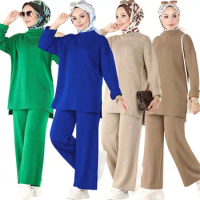 Women Long Sleeve Knitted Tops Pants Two Piece Set Muslim Abaya Islamic Tracksuit Co Ord Suit Turkey Dress Kaftan Baju Kurung