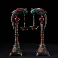 13"Tibetan Temple Collection Old Bronze Outline in gold Mosaic Gem Turquoise Parrot bird hang oil lamp Candle A pair Town House