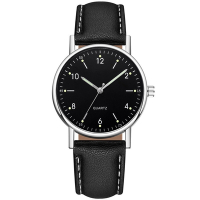 Geneva 日內瓦-米歇爾商務簡約中性數字標手錶-黑帶黑面銀框/36mm