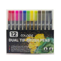 12 Colors Dual Tip Watercolor Brush Art Mark Pen Sketching Liner Manga Graphic Design Drawing HandTwo Head Color Fineliner Pen