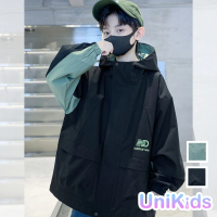 【UniKids】現貨 中大童裝連帽長袖外套 拼色沖鋒風衣夾克 男大童裝 AJTRN-8323(黑)