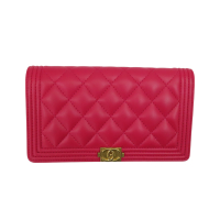 【二手名牌BRAND OFF】CHANEL 香奈兒 桃紅色 羊皮 菱格紋 BOY CHANEL 長夾