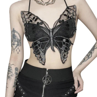 Women Sexy Halter Neck Butterfly Shape Crop Tank Top Spaghetti Strap Backless Tie Up Bra Top Y2k Festival Rave Vest