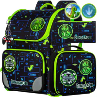 3PCS Dinosaur Backpack for Boys, 15" Kids Bookbag with Lunch Box, Dino Schoolbag for Elementary Preschool Kindergarten(Green)