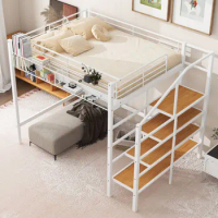 Twin/Full Size Metal Loft Bed with Upper Grid Storage Shelf and Late Storage Ladder,adult and adolescent single bed,children's