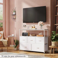 TV cabinet, entertainment center with fabric drawers, media console with 45" TV open shelves, storage drawers