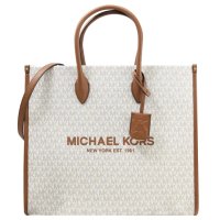 【Michael Kors】MIRELLA 經典MK印花拼接手提超大旅用包兩用包托特包(白咖)