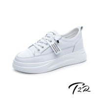 T2R-正韓空運-織帶造型真皮帆布鞋小白鞋隱形增高鞋-增高6公分-白