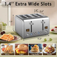 4 Slice Toaster, Stainless Bread Toaster Color LCD Display, 7 Bread Shade Settings, 1.5'' Wide Slots Toaster , 1800W