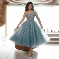 UZN Blue Luxury crystal Evening Dress Ball Gowns Saudi Arabia Tea-length One Shoulder Middle East Party Dress Evening Gowns