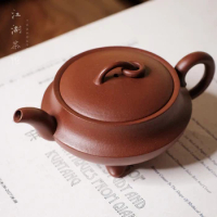 Jianghu Tea House. Three Legged He Pot. Zhou Yu Made. Yixing Handmade Purple Clay Pot With Raw Mineral Water And Mud