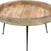 29 Inch Modern Handcrafted Round Coffee Table, Natural Brown Wood Top Center Table with Carved Edge, Black Iron Legs