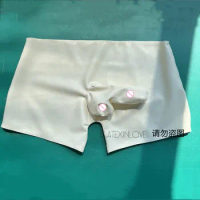 Sexy Lingerie Men Latex Shorts Fetish Boxer Brief Rubber Underwear with Penis Condom Ball