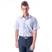 金安德森 經典格紋繞領藍色寬條紋短袖襯衫