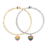 Round Heart Tag Link Bracelet Rainbow Gay Lesbian Pride Lover Couple Bracelet
