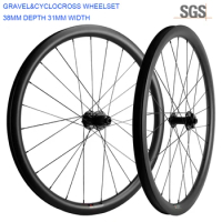 Tubeless Carbon Disc Brake Wheelset, 700C, Thru Axle, Gravel Road Bicycle Wheels, 38mm