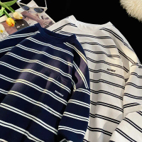 เสื้อยืด MR9 40362 แขนยาว คอกลม ลายทางเล็ก ทำจากผ้าฝ้ายผสมโพลีเอสเตอร์ เสื้อยืดคอกลมผู้ชาย สวมใส่สบา