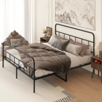 King Size Metal Platform Bed frame with Headboard, Sturdy Metal Frame, Modern minimalist styling, No Box Spring Needed