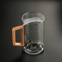 木把玻璃杯月牙過濾茶杯帶手柄家用男士泡綠茶杯子帶濾網帶把水杯