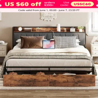 King-size Bed Frame,storage Headboard With Charging Station,platform Bed With Drawers,no Need For A Box Spring, Easy To Assemble