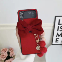 Lucky Red Cute Bowknot Plush Pendant Phone Case For Samsung Galaxy Z Flip4 Case For Galaxy Z Flip 3 Cover Z Flip 4 Capa Z Flip3