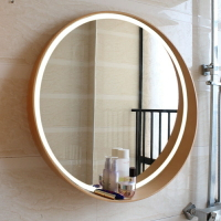 【免運費 破損補發】北歐鏡子浴室鏡實木圓形梳妝鏡洗手間鏡子帶置物架壁掛圓鏡子帶燈鏡子 浴室鏡 圓鏡 掛鏡