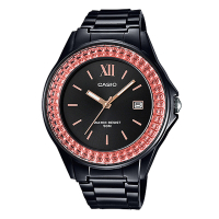 CASIO漾鑽女王簡潔時尚風指針日曆腕錶(LX-500H-1E)黑X橘紅框40.6mm
