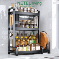 NETEL Kitchen Spice Organizer Container Rack Jar Organizer Seasoning Rack Countertop Storage Shelf Holder Standing Black