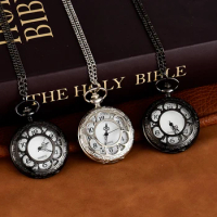 Silver big petal pocket watch hollow out digital face quartz necklace hanging watch Black alloy pocket watch