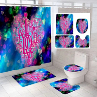 Happy Valentine's Day Pink Shower Curtain Dreamy Love Rose Bathroom Curtains Set Bath Mats Rugs Toilet Lid Cover Non-slip Carpet