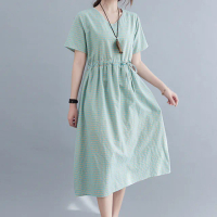 【ACheter】夏季文藝復古短袖V領系帶顯瘦棉麻格子洋裝#112369現貨+預購(2色)