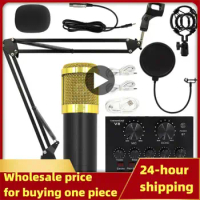 Professional Condenser Microphone Kits V8 Sound Card Karaoke with Microphone Stand Condenser USB MIC Live Streaming