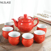 Chinese traditional wedding ceramic tea set Double anti-hot tea cup Double happiness teapot Household Drinking utensils NLSLASI