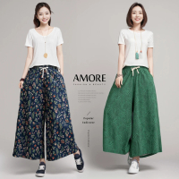 【Amore】韓國人氣花紋棉麻寬長褲裙5色(顯高顯瘦質感新上市)