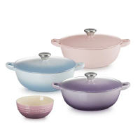 【Le Creuset】琺瑯鑄鐵鍋媽咪鍋24cm 雪紡粉/海岸藍/藍鈴紫 3色選1(贈 韓式湯碗14cm)