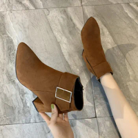 Women Vintage High Heels Ankle Boots Buckle Casual Ladies Sexy Ankle Boots Female Chelsea Boots Plus Size 35-43 Botas De Mujer