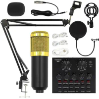 Professional Condenser Microphone Kits V8 Sound Card Karaoke with Microphone Stand Condenser USB MIC Live Streaming
