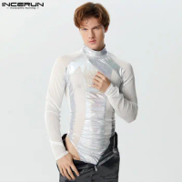 INCERUN Men Bodysuits Mesh Patchwork Turtleneck Long Sleeve Transparent Male Rompers Streetwear 2024 Fitness Fashion Bodysuit
