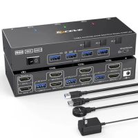 Dual Monitor KVM Switch USB 3.0 HDMI KVM Switch 2 Monitors 3 Computers, EDID Emulator,4K@60Hz 2K@144Hz with 4 USB 3.0 Ports