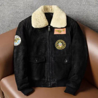 Men's Winter Jacket New Matte Plus Cotton Classic Flight Suit Head Layer Cowhide Genuine Leather Jacket Lapel Fashion
