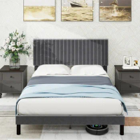 Queen Size Bed Frame, Velvet Upholstered Platform with Headboard, Easy Assembly, No Box Spring Needed, Non-Slip and Noise-Free